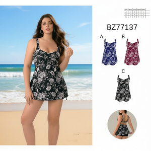 Costume da bagno intero HDJ Plus Size con stampa floreale, scollo profondo, controllo pancia e gonna, da donna BZ77060 - Product Image 5