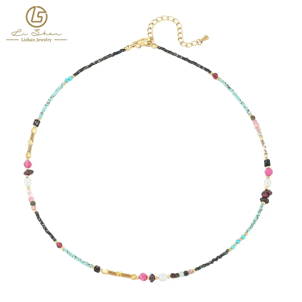 Handmade Beaded Ladies Necklace Bohemian Natural Stone Color Czech Rice Beads Fashion Jewelry Necklace for Women