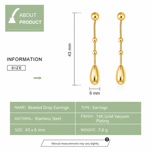Pendientes Colgantes de Lágrima con Cadena de Serpiente y Cuentas, de Acero Inoxidable con Baño de Oro de 14K al Vacío, Joyería con Bola de 43mm - Product Image 2