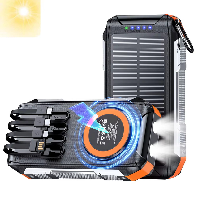 Custom Solar Powered 30000mAh Wireless Type-C Fast Charging Power Bank with Magnetic & Night Light Built-in 4 Charging Cables