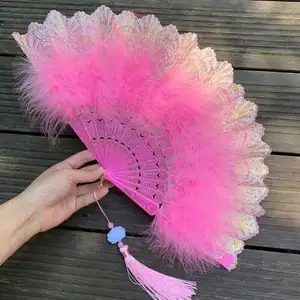 Hot Sale Folding Single Layer Lace Feather Hot Stamping Hollow Plastic Bone Hand Fans For Wedding Handfan Custom Bone