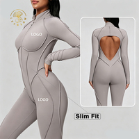 Combinaison athlétique classique sculptante pour femme, à manches longues, dos nu, à fermeture éclair, séchage rapide, ajourée, moulante, type unitard