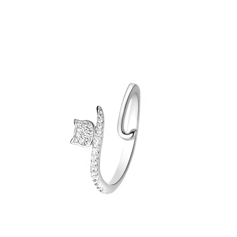S925 الفضة الإسترلينية لطيف القط الماس المرصع خاتم ذيل القط حلقة مفتوحة للنساء بالجملة