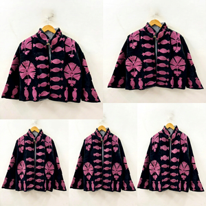 Veste courte en velours noir brodée unisexe, style bohème, pour l'automne et l'hiver, élégante, réversible, doublure en coton, ouverture devant, col mandarin - Product Image 1
