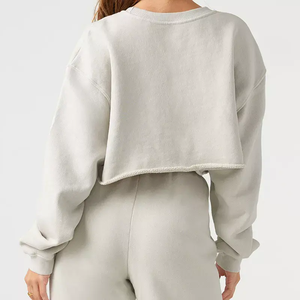 Nouveau design col rond personnalisé automne Gym Fitness ensembles femmes uni coton lâche à manches longues <span class=keywords><strong>pull</strong></span> haut court sweat - Product Image 3