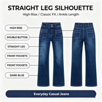 Jean taille haute à jambe large pour femme, double boutonnage, effet ventre plat, poches plaquées, en denim, vente en gros