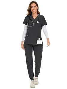 Ensemble d'uniformes médicaux pour infirmières - Haut et pantalon de jogging en tricot 100% polyester (pantalon cargo à col en V) 8 poches coupe droite - Product Image 2