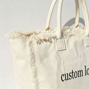 Sac fourre-tout en toile grande capacité pour la plage, avec pompons et franges, personnalisable avec logo - Product Image 2