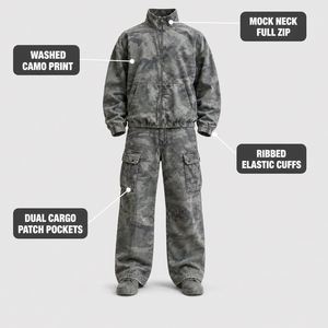Completo da <span class=keywords><strong>Uomo</strong></span> Verde Personalizzato con Stampa Camouflage Lavata, Zip Intera, Collo Alto, Tasche Cargo e Polsini <span class=keywords><strong>a</strong></span> Costine per un Look Streetwear Rilassato Autunnale - Product Image 2