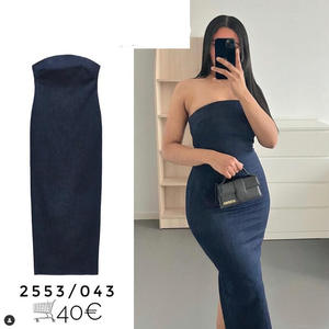 Vestido vaquero elegante para mujer, sin tirantes, con cremallera en la espalda, vestidos con abertura, vestido largo vaquero sin espalda con hombros descubiertos para mujer - Product Image 1