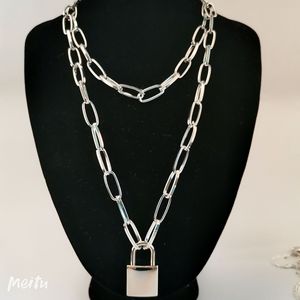Chaîne de pull en alliage de zinc en forme de cadenas argenté, collier de mode multicouche style punk - Product Image 1