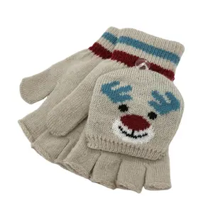 2019 时尚驯鹿脸提花手套无指手套冬季可转换翻转顶级针织手套与手套盖