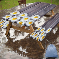 Housse de table de pique-nique moderne en polyester imperméable Haushead, housses de banc, motif fleur de camomille, 72 pouces, ensemble de 3 pièces, camping en plein air