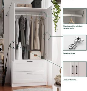 Armoire scandinave blanche SENYU avec portes shaker, 2 tiroirs, poignées métalliques, meuble de rangement moderne pour chambre à coucher - Product Image 6