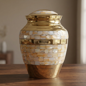 Premium Mother of Pearl Brass Cremation Urns for Human Ashes Brass Urn with MOP Inlay Handcrafted Ashes Urns from India - Product Image 1