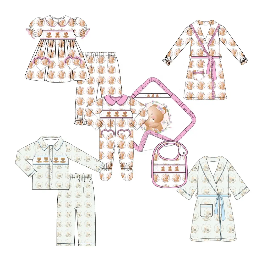 Toddler Cô Gái Quần Áo Bộ Boutique quan hệ nhân quả dài tay áo bé smocked ăn mặc trẻ em mùa đông đồ ngủ trang phục