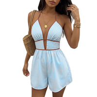 Nouvelle combinaison short rayée en polyester, style vacances estivales européennes et américaines, taille haute, col montant, pour femme