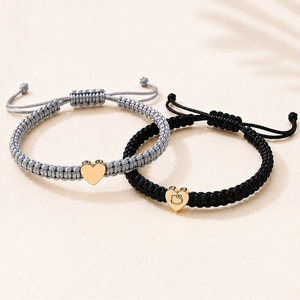 Adjustable Hemp <b>Rope</b> <b>Bracelets</b> Gold Plated Heart Charm Couple Friendship Jewelry Unisex Cute Style Black and Gray - Product Image 1