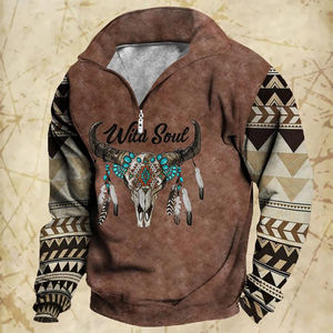 Logo personalizzato abbigliamento da uomo all'ingrosso moda Street Tribe modello di toro felpa da uomo ampio cappotto Vintage con cerniera - Product Image 3