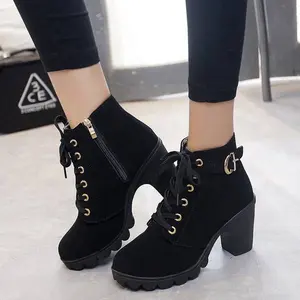 Chunky Booties Martin Booties Damen stiefel mit rundem Oberteil und Schnürstiefel Frosted Boots mit High Heels