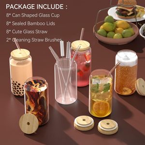 Vasos de Cerveza Transparentes de 16oz y 18oz, Frascos de Vidrio para Beber, Botellas con Forma de Lata, Vasos de Vidrio con Tapa de Bambú y Pajita - Product Image 3
