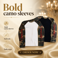 T-shirt thermique à manches longues en tricot gaufré, motif camouflage, manches raglan, broderie rouge, col rond, style streetwear