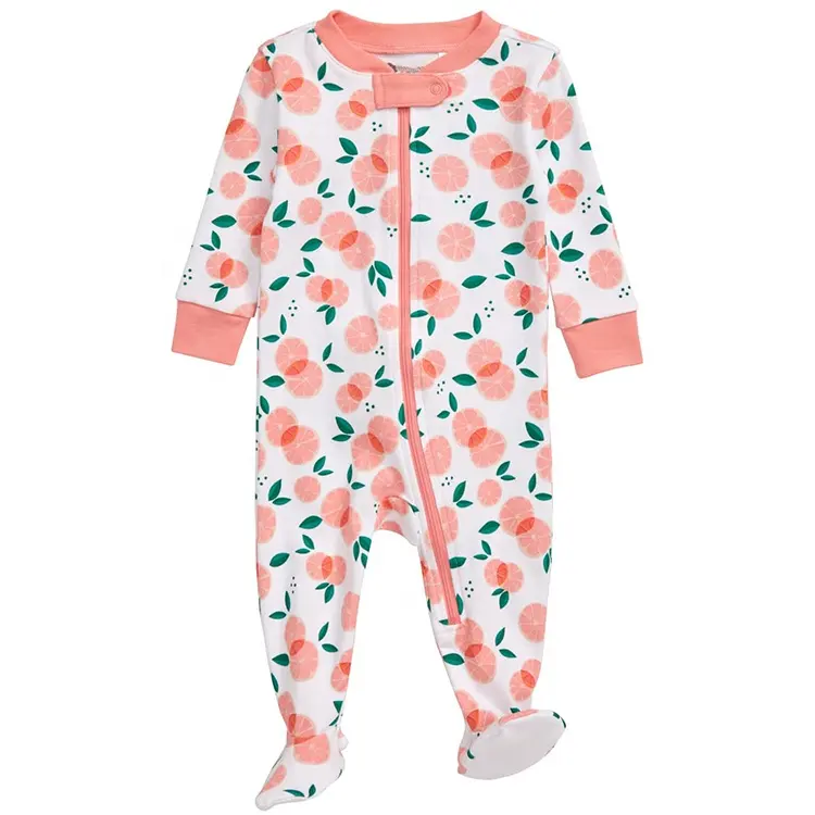 Pijama de bebê personalizado, atacado <span class=keywords><strong>crianças</strong></span> pijama personalizado estampa padrão uma peça pijamas 100% algodão zíper onesie para bebê