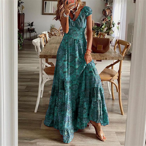 2025 nuovo stile da donna abito Casual lungo fino alla vita con stampa floreale bohémien con orlo ampio - Product Image 3