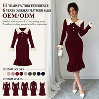 Robe midi en maille pour femme, hiver, col contrastant à volants, boutonnée sur le devant, manches longues, coupe ajustée, ourlet sirène côtelé, fabrication OEM ODM sur mesure