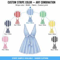 Robe mini femme d'été à rayures personnalisées, col en V profond, garniture en dentelle, découpe en goutte d'eau, cordon de serrage, coupe trapèze, vente en gros, fabricant OEM