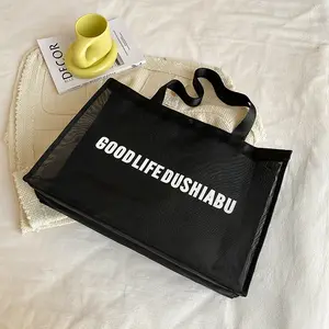 Yeni moda yaz sıcak satış özel Logo Net alışveriş Mesh bez plaj çantası kadınlar için