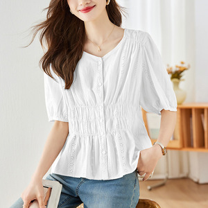 Cotton Hollow-out Embroidered Apricot <strong>Shirt</strong> <strong>Women's</strong> Short-Sleeved Summer New Design Chic Coat Small <strong>Shirt</strong> - Product Image 2