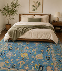 Tapis en laine Oushak noué à la main à poils longs, motif géométrique bleu, rectangulaire, persan, antidérapant, épais, pour chambre et salon - Product Image 2