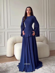 Abito lungo elegante da donna Sharut 2026 con maniche lunghe e vita arricciata, in chiffon traspirante con maniche a campana e volant - Product Image 2