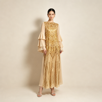 Robe de soirée élégante brodée de sequins floraux pour femme, manches longues, volants, maxi, verte, Abaya Kaftan, tenue de fête modeste musulmane