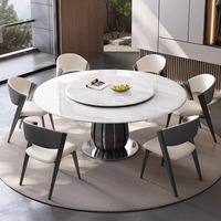 Mesa de Comedor Redonda de Diseño con una Superficie de Piedra Brillante y una Base de Madera Maciza con Incrustaciones de Acero Inoxidable para Muebles de Hogar Modernos
