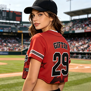 Maillot de baseball court personnalisé pour femme, col en V, avec empiècements contrastants, haut court de sport, logo et numéro imprimés sur mesure, uniforme d'équipe F - Product Image 4