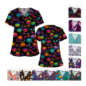 Newest Fashion V-neck Stretchy Fabric Women's Print Medical Fun <strong>Scrub</strong> <strong>Top</strong> Custom Dental <strong>Scrubs</strong> <strong>Tops</strong> Uniform - Product Image 2