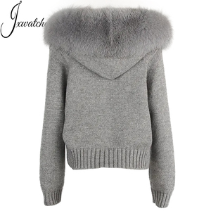 Wholesale Custom Soft Wool Blend <strong>Knit</strong> Coat Hooded Real Fox <strong>Fur</strong> Collar Warm Luxury Fall Cropped Women Cardigan Vintage <strong>Sweater</strong>