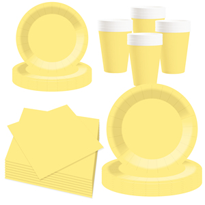 DAMAI – Vaisselle jetable unie jaune clair pour fêtes, assiettes de 7 et 9 pouces, gobelets en papier, serviettes - Product Image 3