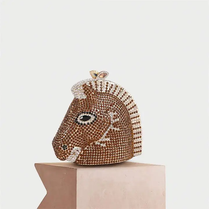 LEB1134 3D cabeza de caballo en forma de animal de la noche de cristal, bolsa de banquete de boda Vestido bolsos de embrague con diamantes de imitación