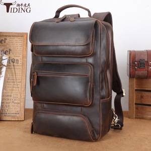 Tiding Genuine Leather <b>Backpack</b> 20-35L Large Capacity Computer Travel Outdoor Mountaineering <b>Backpack</b> Dark <b>Brown</b> - Product Image 1