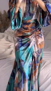 2024新款时尚女式扎染印花长袖阿拉伯连衣裙环保拉绳天然腰线穆斯林服装 - Product Image 4