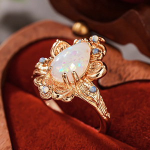Anillo de cóctel con flor A071 para mujer, con ópalo natural en forma de pera y engaste de garra, anillos de moda para boda - Product Image 2