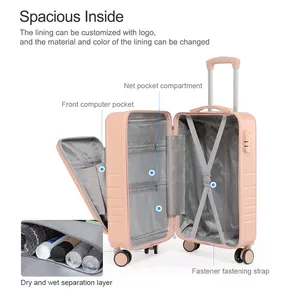 Atacado ABS PC trole bagagem viagem terno caso 20 24 polegada bolso frontal laptop casca dura mala multifuncional conjunto