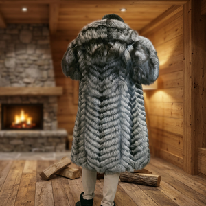 Men's & Women's Warm Luxury Fluffy Collar <b>Waterproof</b> Reversible Genuine Silver Fox Fur Overcoat Coat - Product Image 3