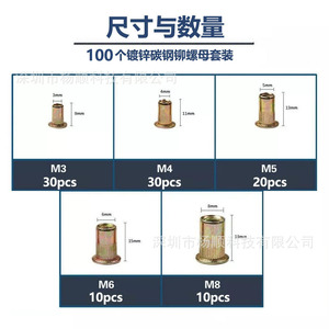 Rivets à tête plate Yang Shun M3 M4 M5 M6 M8 en acier au carbone zingué, lot de 100 pièces en boîte - Product Image 4