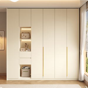 Armario de Madera Maciza Personalizable XHA con Puertas Corredizas, 5 Cajones, 8 Estantes, Diseño Moderno Ecológico, Acabado Roble, Muebles para Dormitorio - Product Image 1