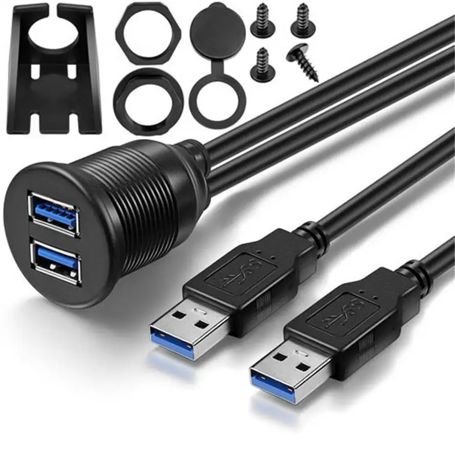 Soket USB 3.0 Dasbor Mobil Otomatis, Kabel Ekstensi Dudukan Panel Flush USB Ganda, Aksesori Dasbor Mobil Penyetelan Otomatis