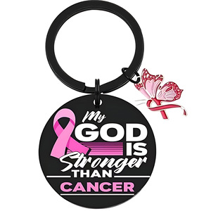 Portachiavi con Croce e Nastro Rosa 'Il <span class=keywords><strong>Mio</strong></span> <span class=keywords><strong>Dio</strong></span> è Più Grande del Cancro' in Acciaio Inossidabile, Ornamento Religioso, Regalo per la Consapevolezza sul Cancro al Seno - Product Image 4
